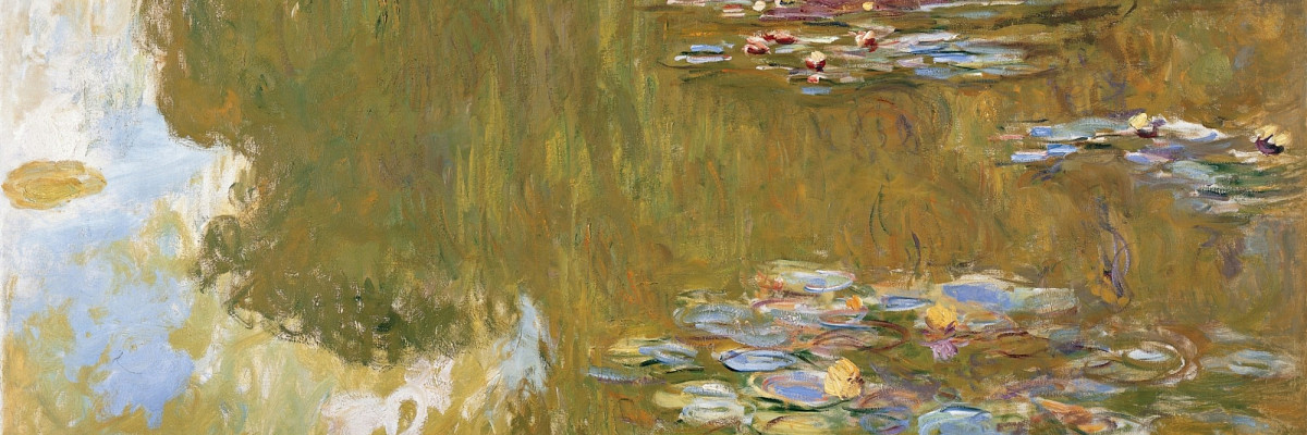 Painting of a pond with water lilies in shades of blue, green and pink, soft, blurred areas of color. Credit: Claude Monet | The Water Lily Pond, 1917-1919 | The ALBERTINA Museum, Vienna – The Batliner Collection