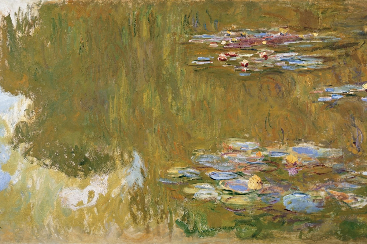 Painting of a pond with water lilies in shades of blue, green and pink, soft, blurred areas of color. Credit: Claude Monet | The Water Lily Pond, 1917-1919 | The ALBERTINA Museum, Vienna – The Batliner Collection
