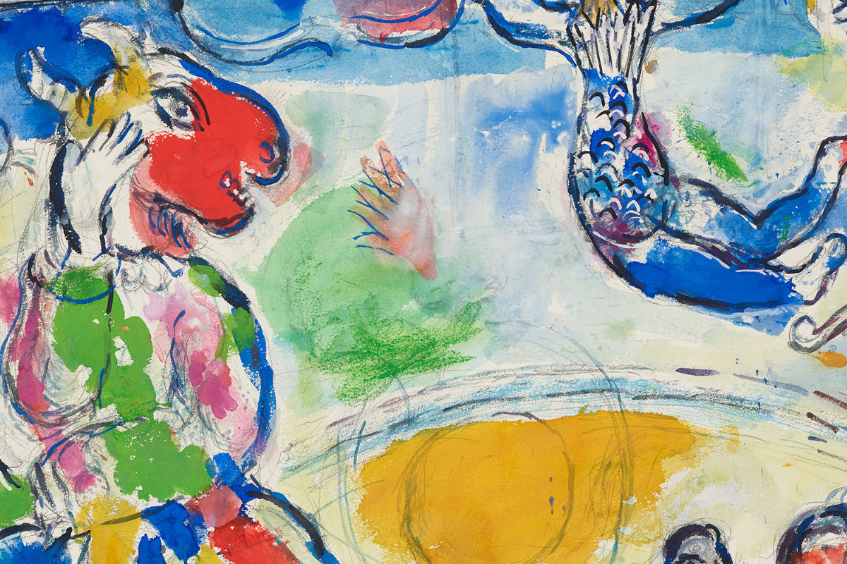 Mehrere Zirkusfiguren, darunter AkrobatInnen, Tiere und MusikerInnen, schweben vor farbintensivem Hintergrund. | Credit:Marc Chagall | The Great Circus, 1970 | The ALBERTINA Museum, Vienna – The Batliner Collection © Bildrecht, Vienna 2024