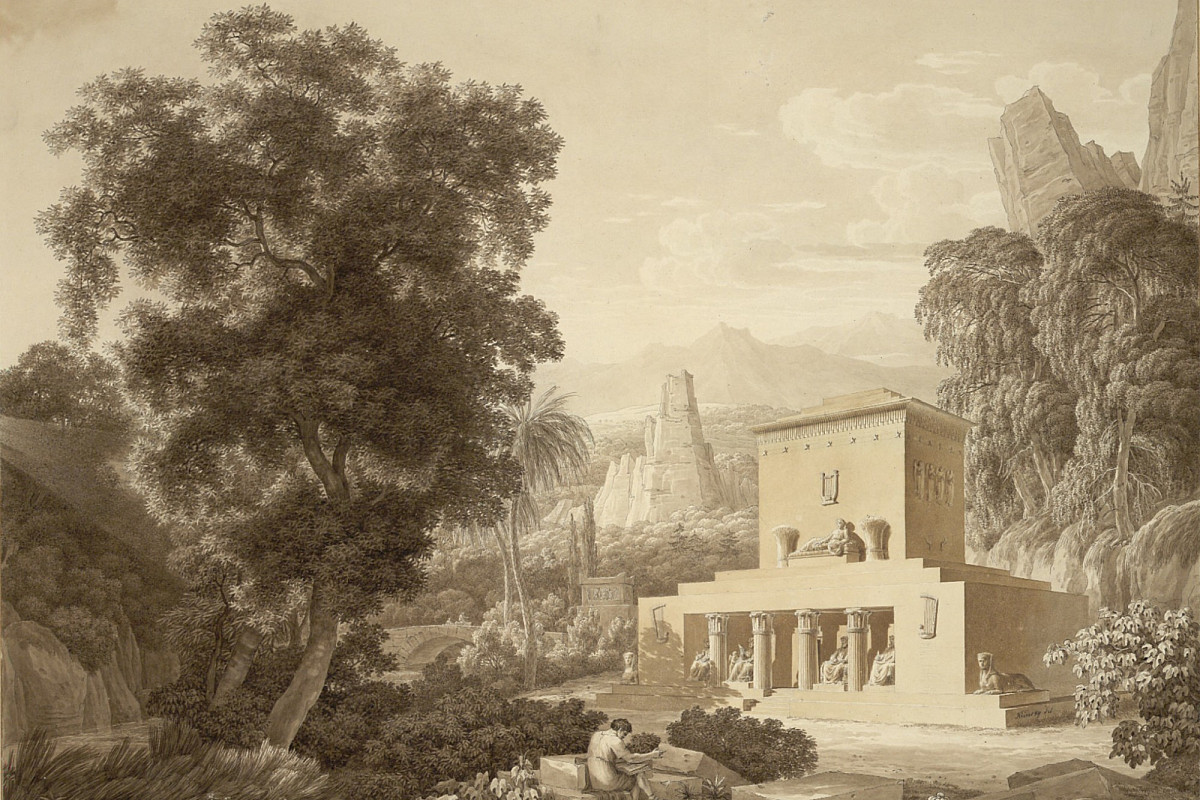 Jacob Wilhelm Mechau, Johann Gottfried Klinsky | Entwurf für ein Klopstock-Denkmal, situiert in einer Ideallandschaft, 1806 | Albertina, Wien