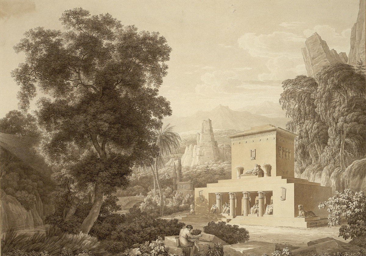 Jacob Wilhelm Mechau, Johann Gottfried Klinsky | Entwurf für ein Klopstock-Denkmal, situiert in einer Ideallandschaft, 1806 | Albertina, Wien