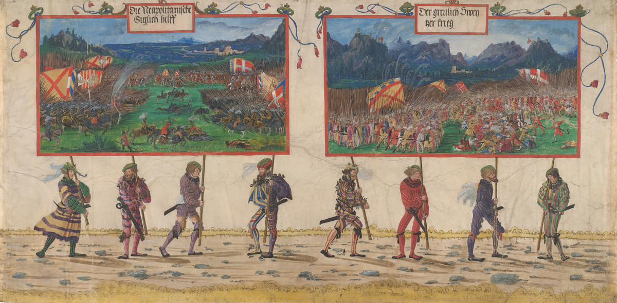 Albrecht Altdorfer und Werkstatt: Der Schweizer Krieg und der neapolitanische Krieg aus dem Triumphzug Kaiser Maximilians I., um 1512–1515