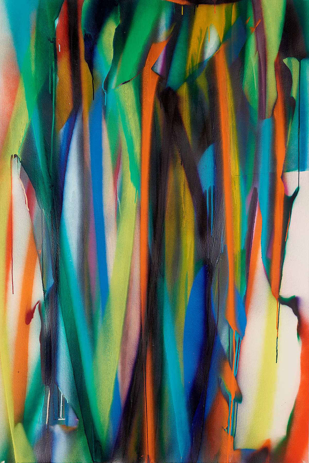 Colorful stripes of paint that run vertically across the entire canvas. | Katharina Grosse | Untitled, 2019 | The ALBERTINA Museum, Vienna – Family Collection Haselsteiner © Katharina Grosse / Bildrecht, Vienna 2025