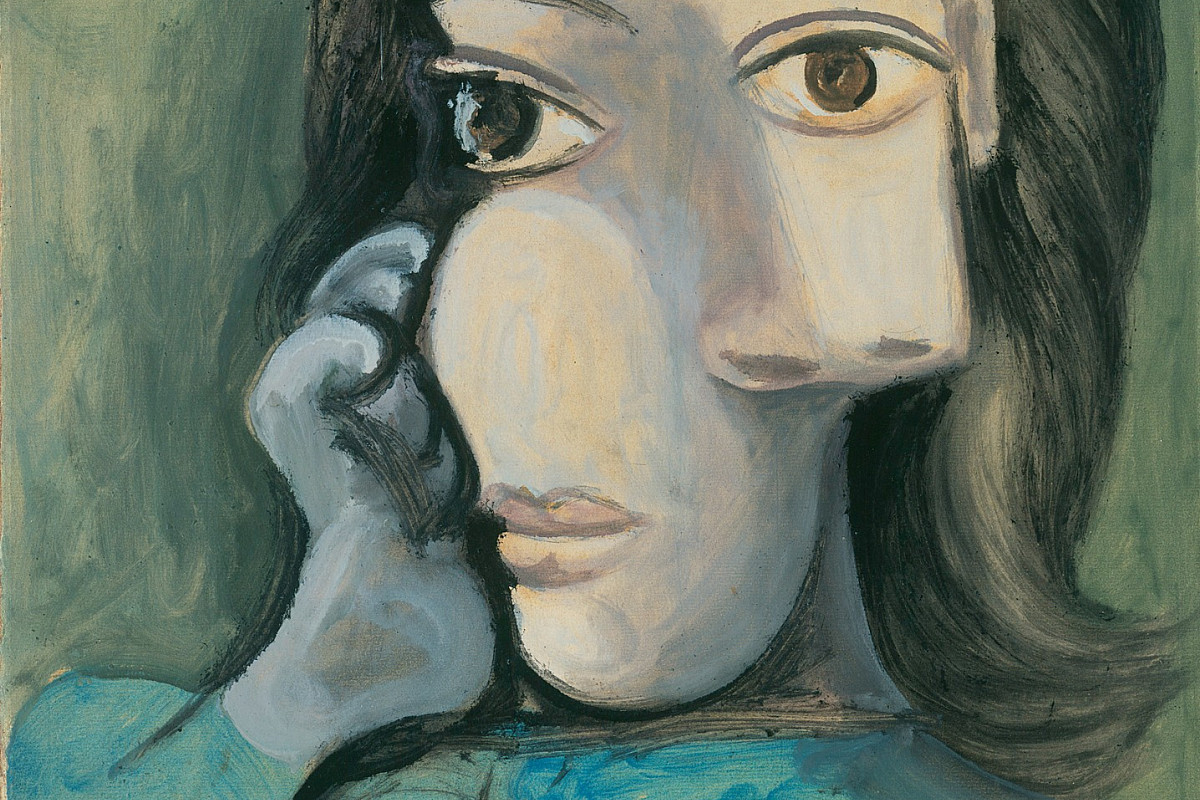 Oil painting: bust of a woman shown frontally, with simplified forms and strong color contrasts.