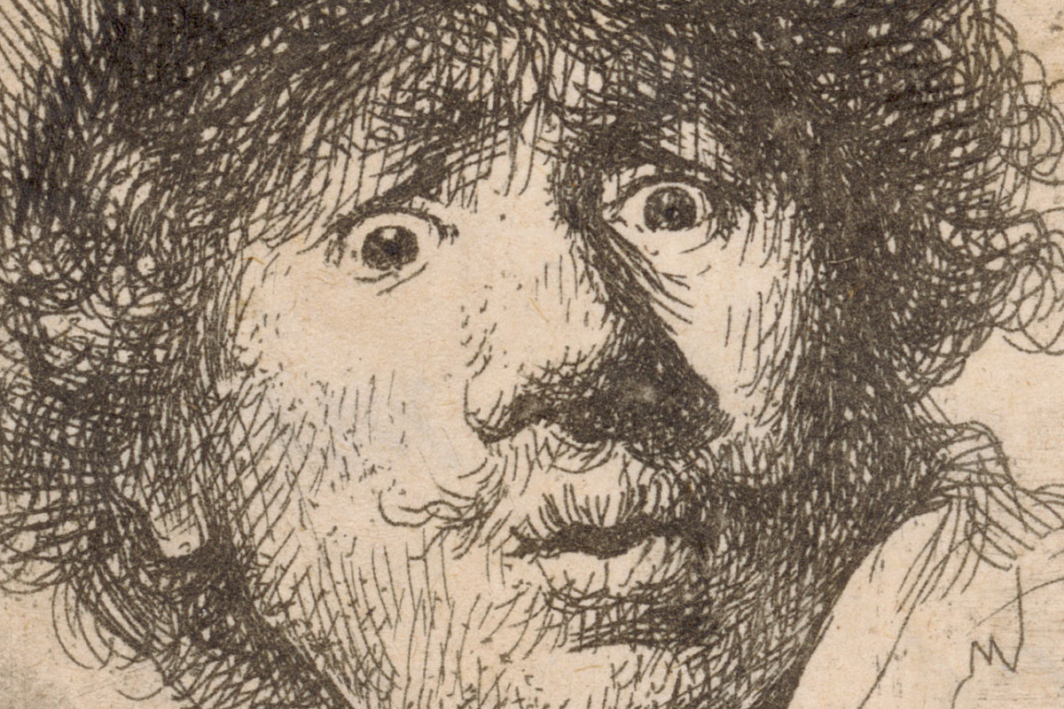 Drawing: A self-portrait of the artist with wide eyes and pursed lips. He is wearing a headdress under which curly hair and a moustache can be seen. He is looking out of the picture with his head turned to one side. Credit: Rembrandt Harmensz. van Rijn | Self-portrait with eyes wide open, 1630 | The ALBERTINA Museum, Vienna