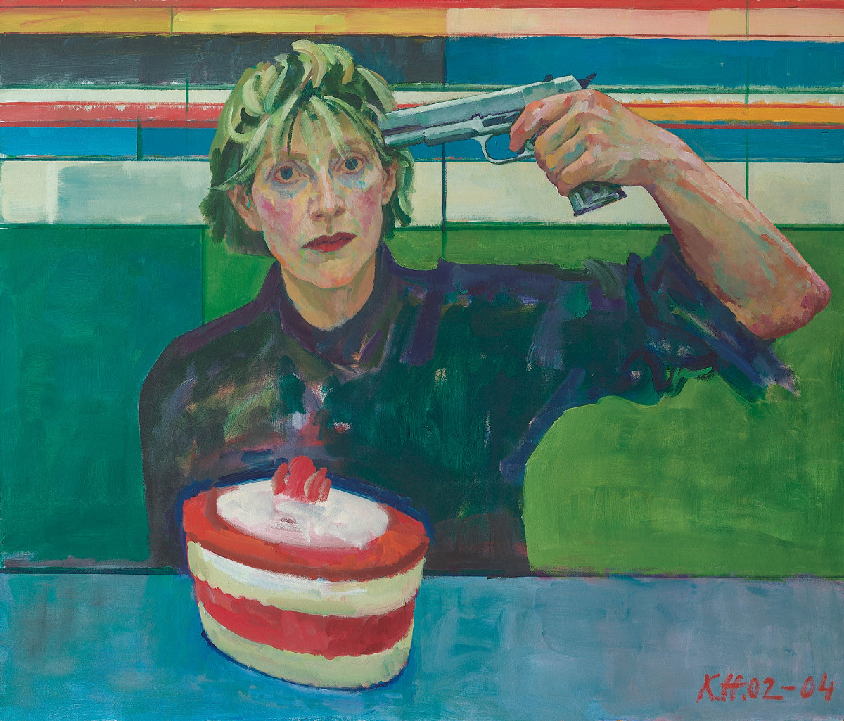 Self-portrait of the artist with a pistol pointing at her head and a huge cake in front of her.
