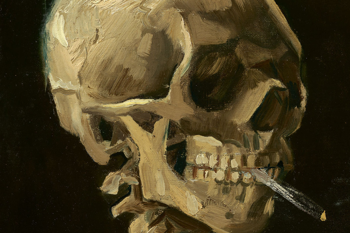 Painting of a skeleton holding a lit cigarette between its teeth and looking to the side. Credit: Vincent van Gogh | Skull of a Skeleton with Burning Cigarette, 1886 | Van Gogh Museum, Amsterdam | Vincent van Gogh Foundation