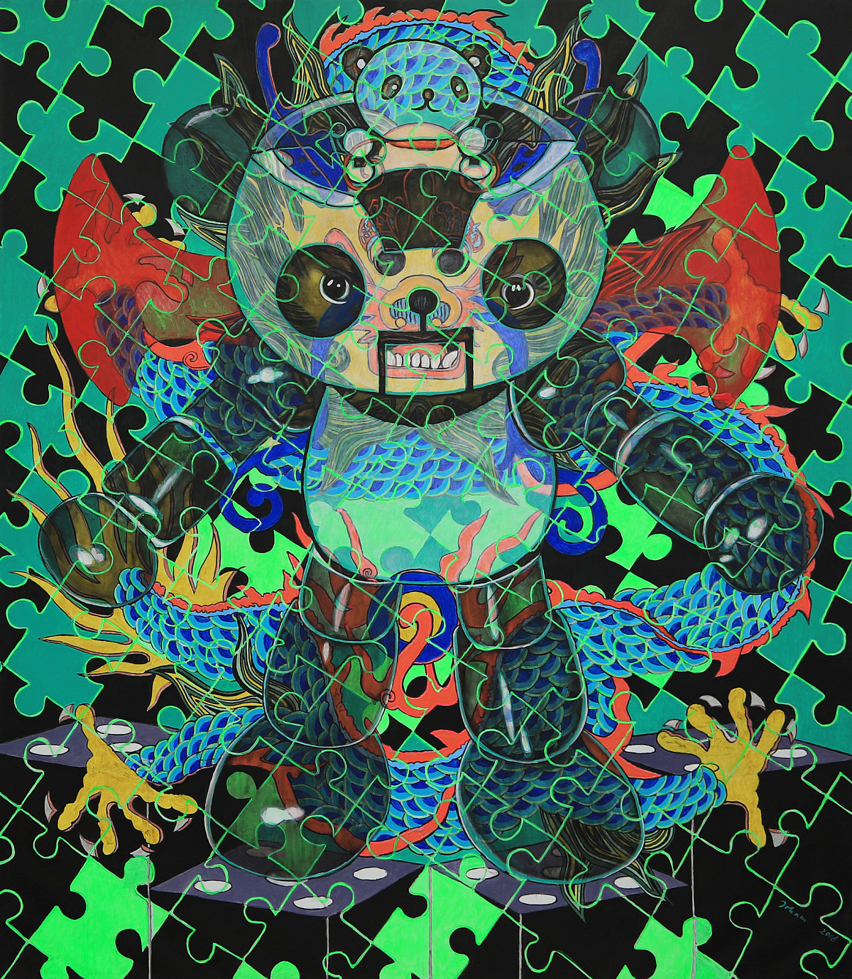 Ein Gemälde, das wie ein Puzzle mit schwarzen und grünen Teilen aussieht, und eine Panda-Comicfigur zeigt. Credit: Isolde Maria Joham | Puzzle-Panda, 2008 | Prof. Gottfried Höllwarth © Isolde Maria Joham | Foto: Nicole Wiedenbeck