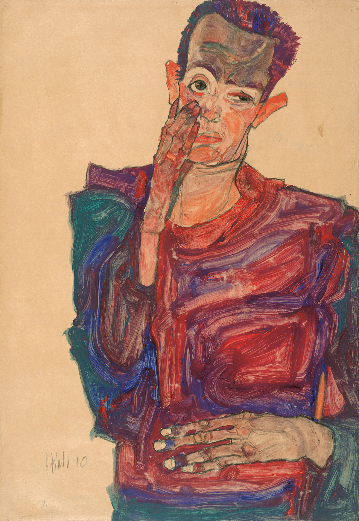 Egon Schiele: Selbstbildnis mit herabgezogenem Augenlid, 1910