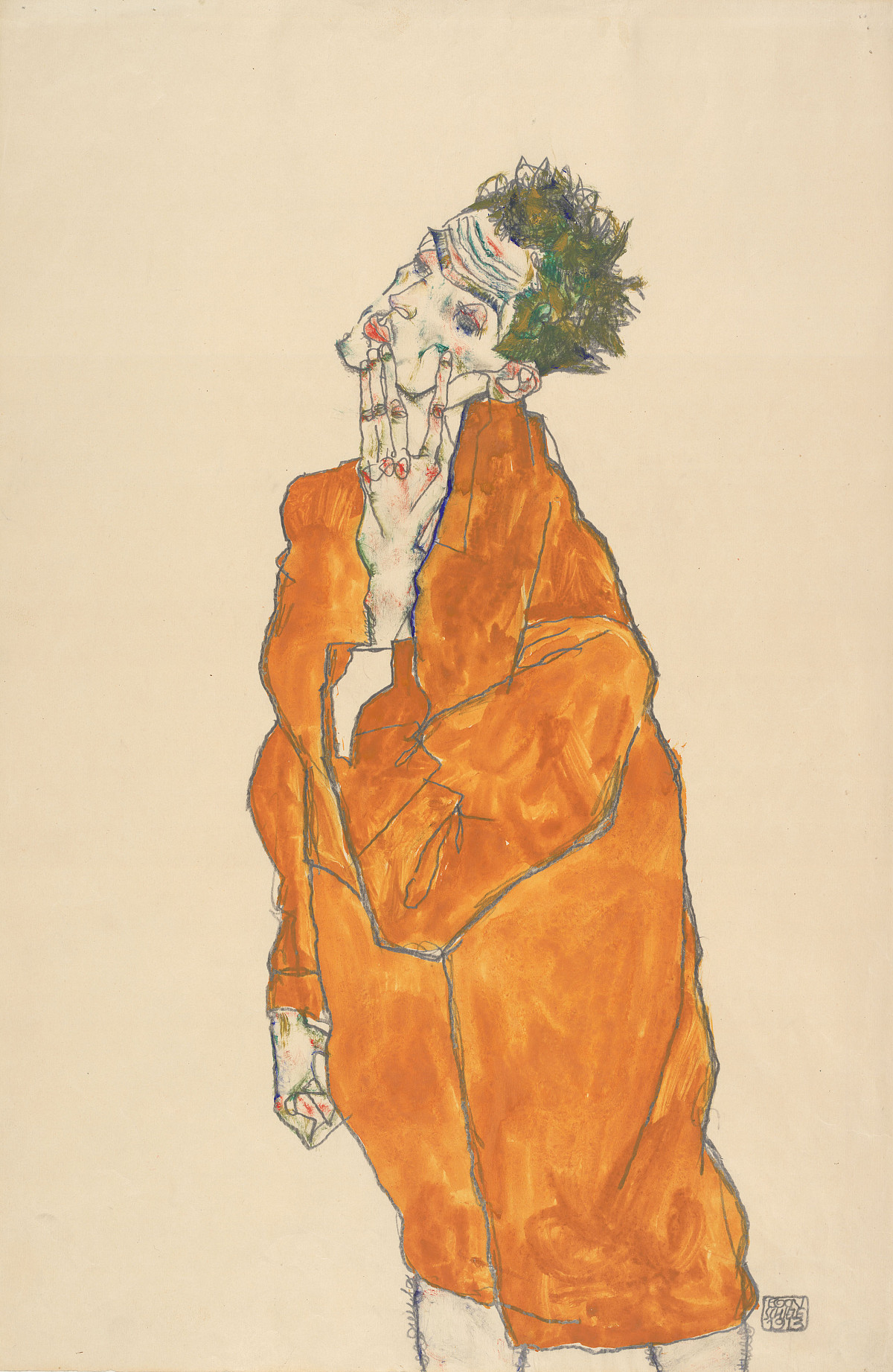 Egon Schiele: Selbstbildnis in oranger Jacke, 1913