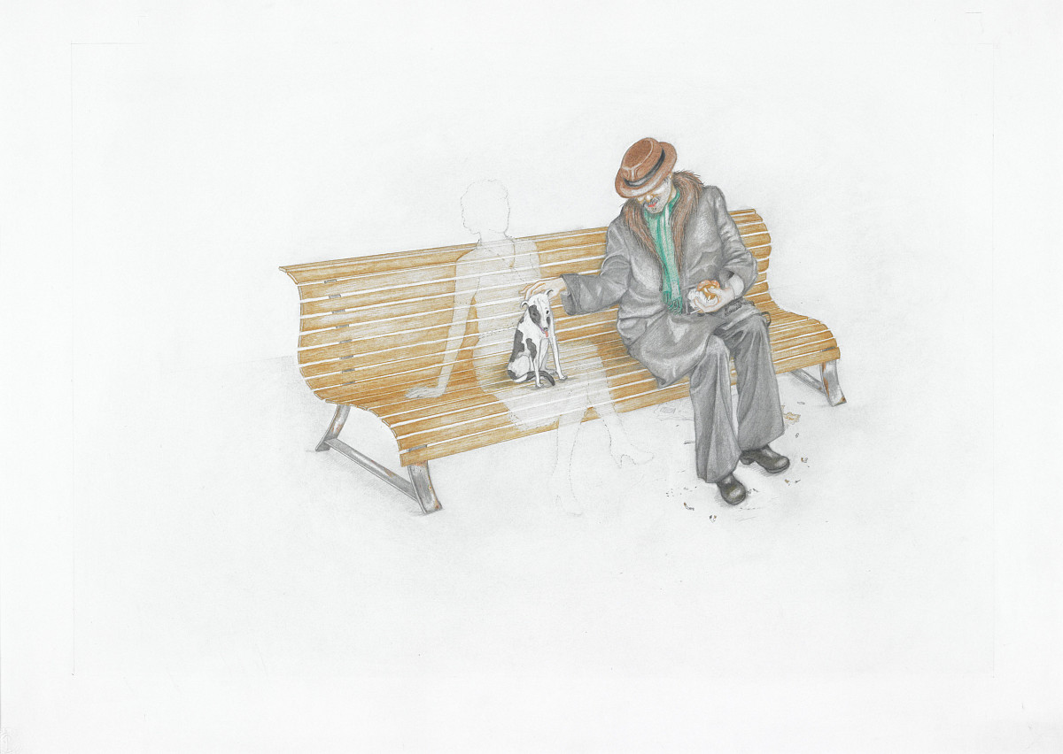 Birgit Jürgenssen: Untitled (Man on a Bench), 1975