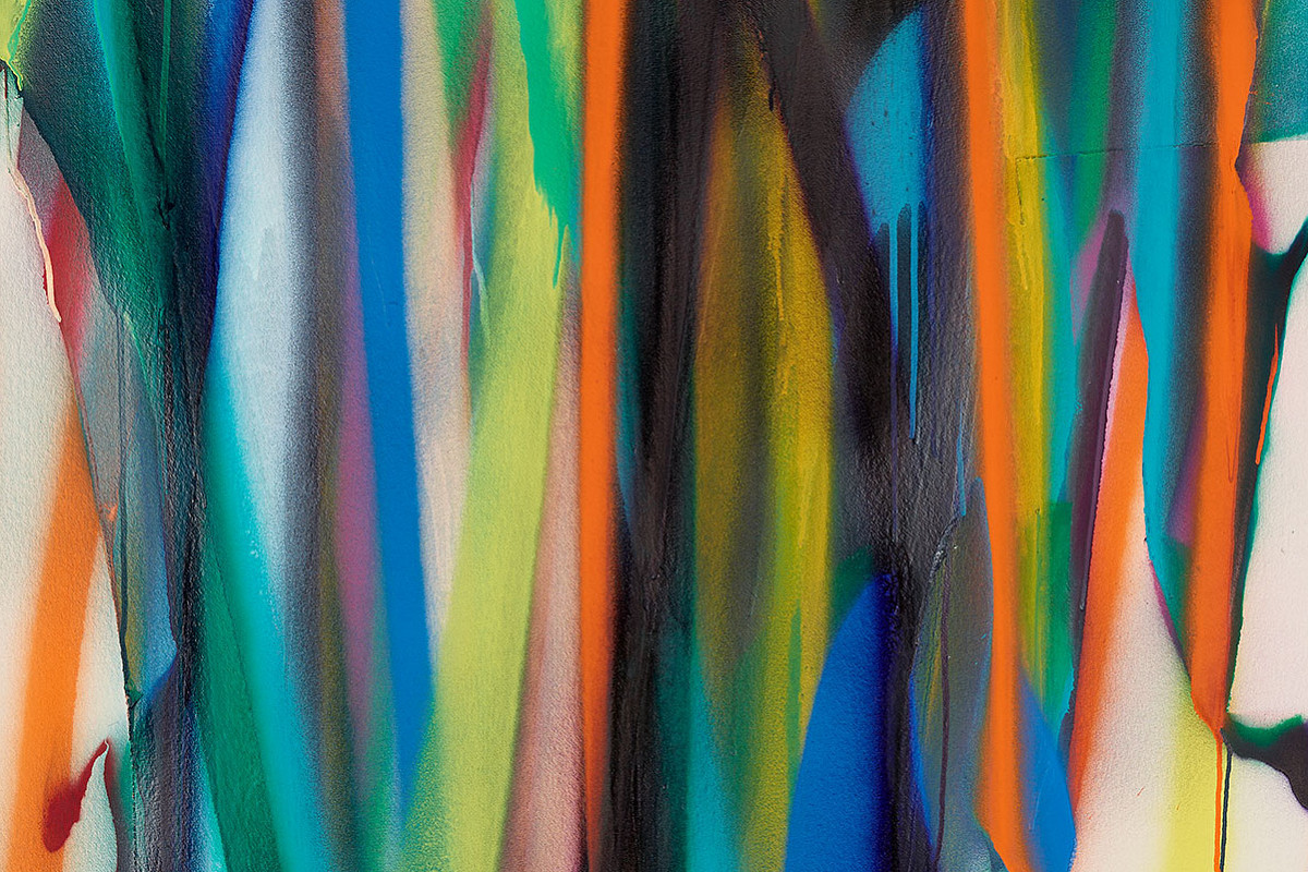 Abstrakte, farbintensive Streifen verlaufen vertikal über die Leinwand, mit fließender Bewegung und Tropfspuren. | Katharina Grosse | Ohne Titel, 2019 | ALBERTINA, Wien – Familiensammlung  Haselsteiner © Katharina Grosse / Bildrecht, Wien 2025