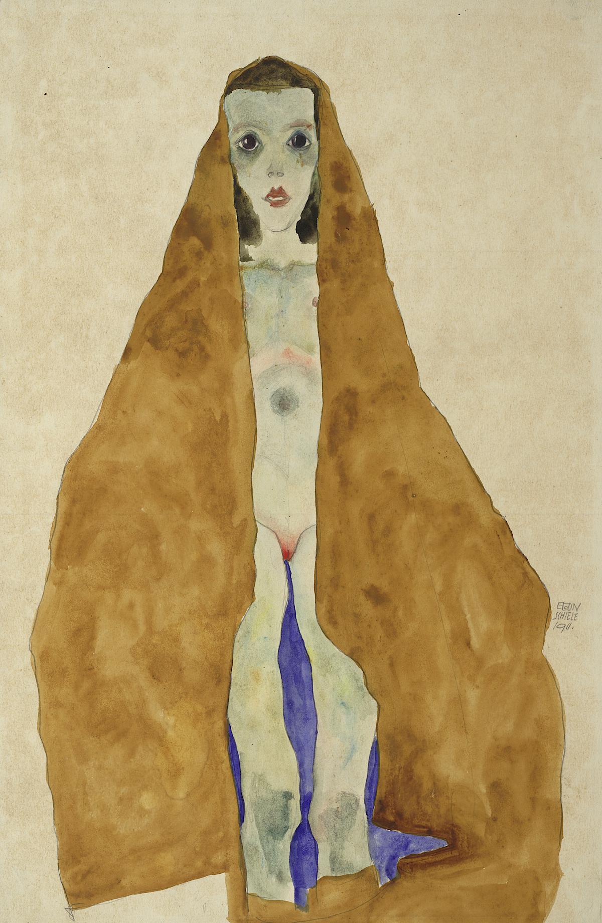 Egon Schiele: Young nude girl in ochre cloth, 1911, 1911