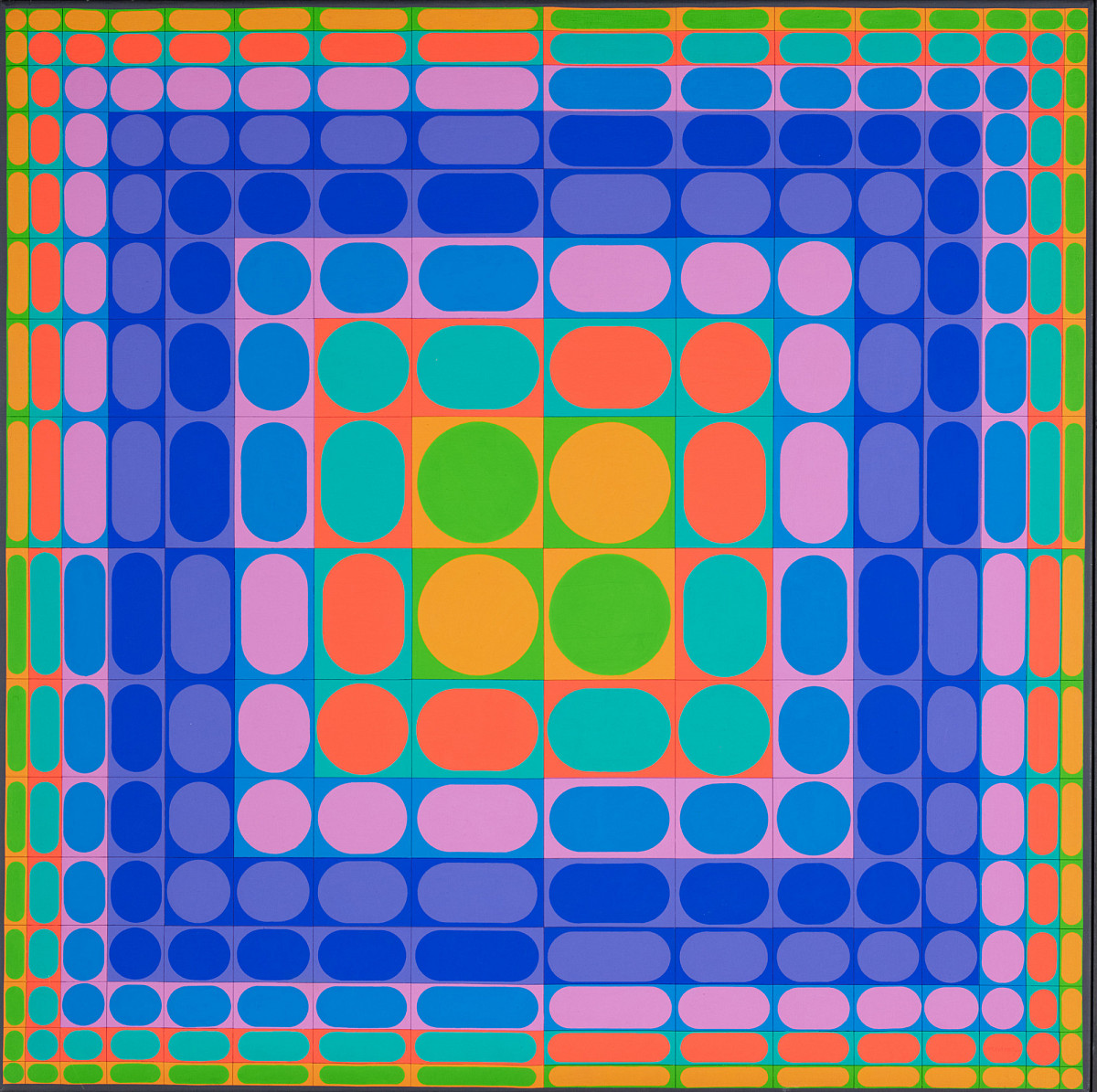 Ein Vielzahl unterschiedlich großer, bunter Kreise auf buntem Hintergrund rechteckig angeordnet. Credit: Victor Vasarely | GYK K2, 1974 | ALBERTINA, Wien – Sammlung Batliner © Bildrecht, Wien 2026, Foto: ALBERTINA, Wien