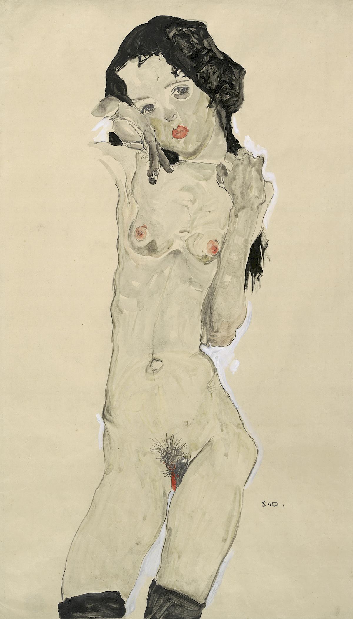 Egon Schiele: Black-haired nude girl, standing, 1910