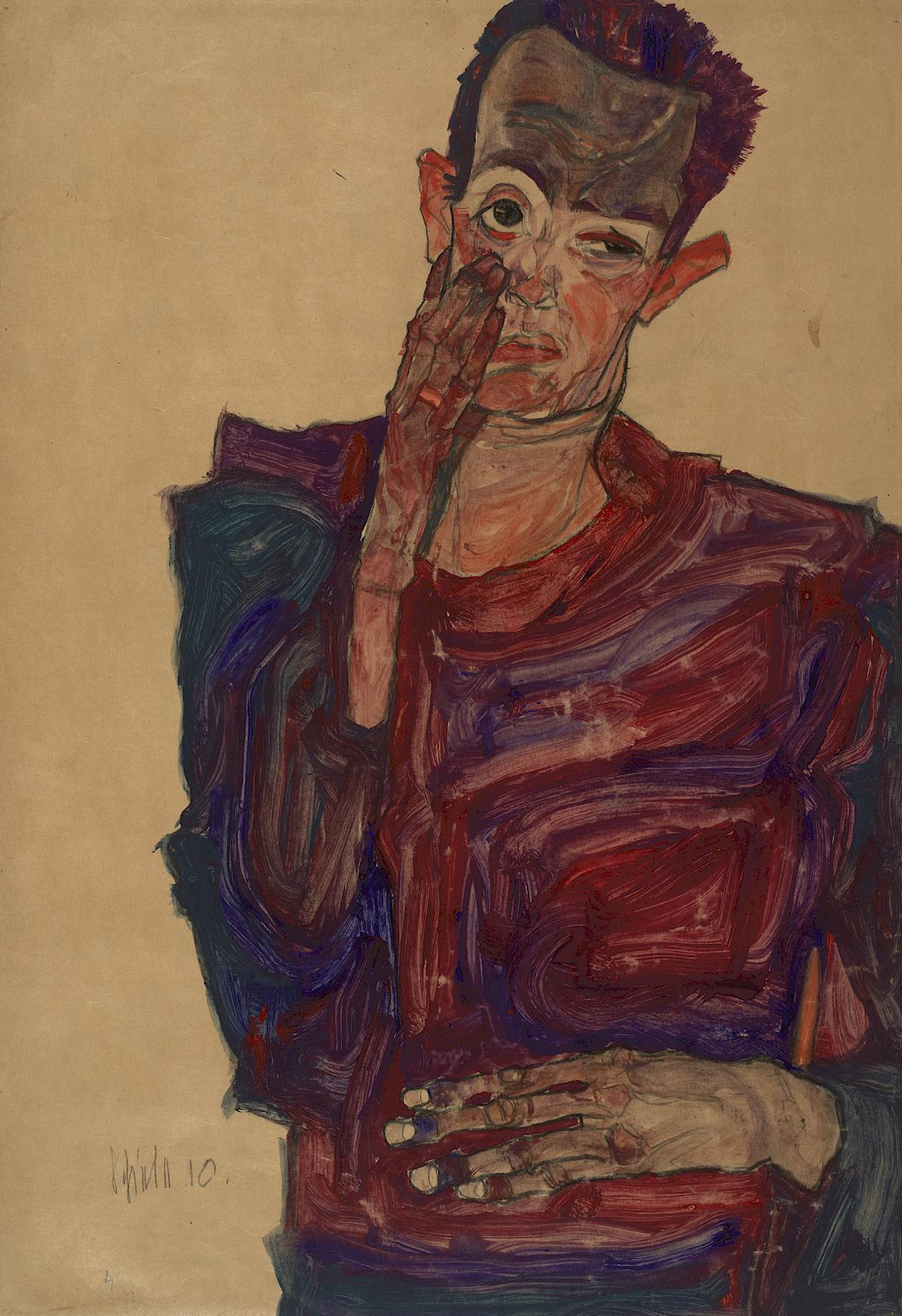 Egon Schiele: Self-portrait pulling down an eyelid, 1910