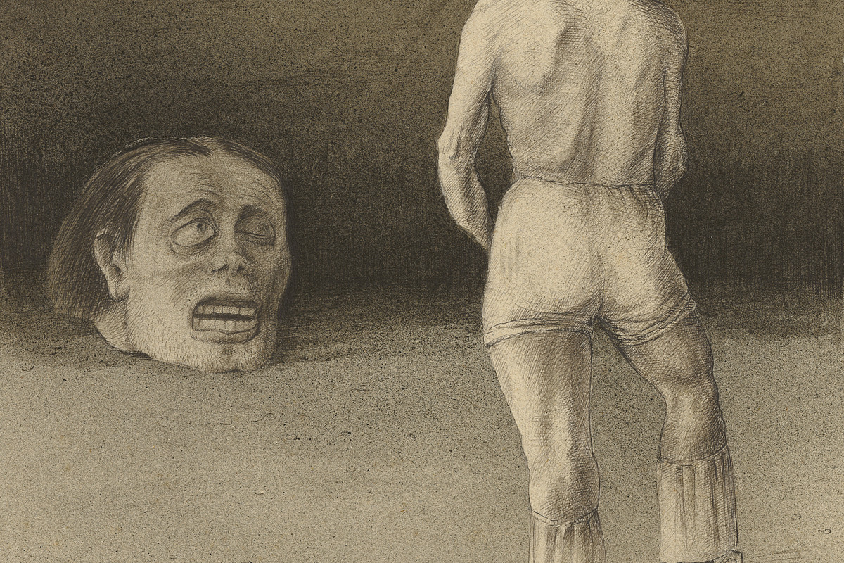 Ink drawing of a body without a head facing a superhumanly large human head with an agonized expression. | Alfred Kubin | Self-Reflection, ca. 1901/02 | The ALBERTINA Museum, Vienna © Eberhard Spangenberg, München / Bildrecht, Vienna 2024