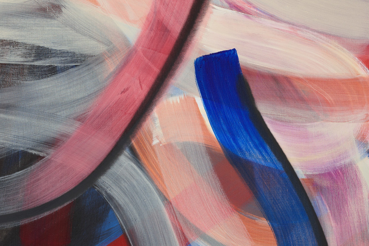 A painting composed of bold, colorful brushstrokes in shades of red and blue.