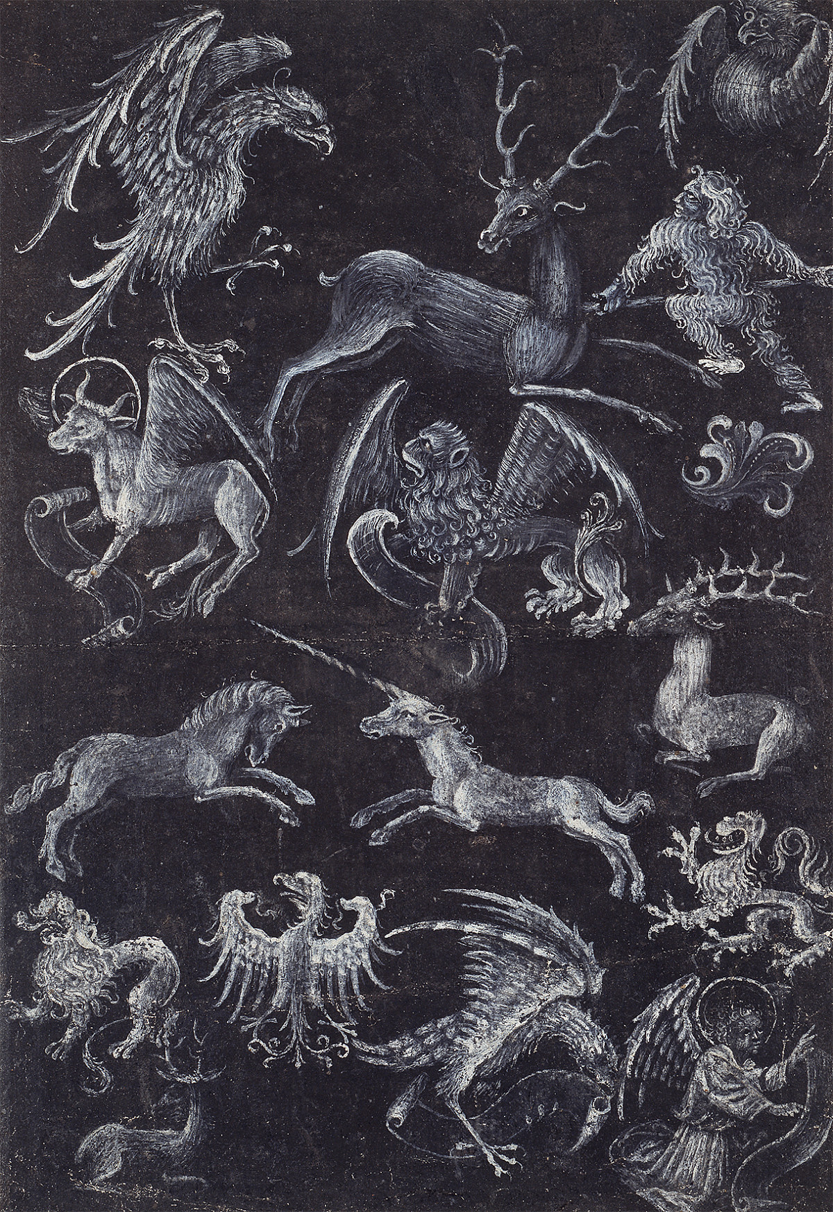 Oberrheinischer Meister: Musterblatt mit Evangelistensymbolen, Tieren und Wildem Mann, um 1430-1440