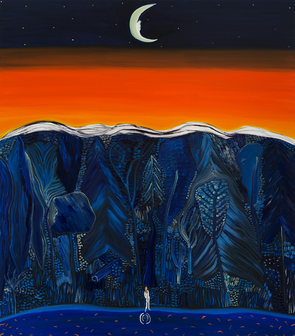 A small person in a white robe stands on a blue ground with red lines. Behind the person rises a dark forest in shades of blue and black, above it a sunset in orange and red, which merges into a dark night sky with stars and a crescent moon.