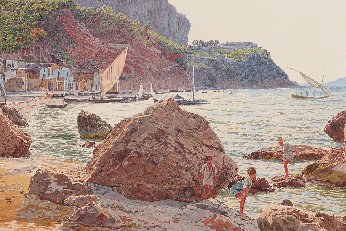 Painting: A beach in the foreground with the sea and large boulders on the beach and in the water. Two fishermen are standing by the rocks near the beach and a woman in a white blouse and blue trousers with a turban on her head is kneeling with her arms resting on her thighs looking at something on the beach. In the background is the harbor with small sailing ships and mountains. Credit: Jakob Alt | The great navy on the island of Capri, 1836 | The ALBERTINA Museum, Vienna © Photo: The ALBERTINA Museum, Vienna