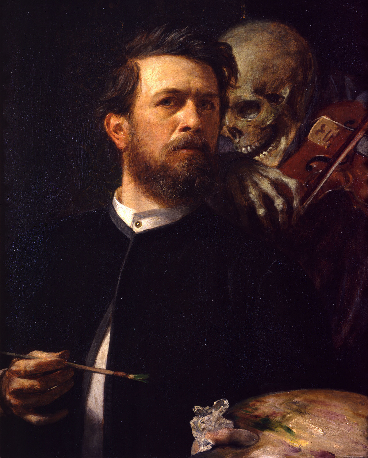 The artist in the foreground with short brown hair and a full beard. He is wearing a white shirt without a collar and a black jacket. In one hand he is holding a paintbrush, in the other a painter's palette and a white handkerchief. Behind him is a skeleton holding a violin and whispering something in his ear.