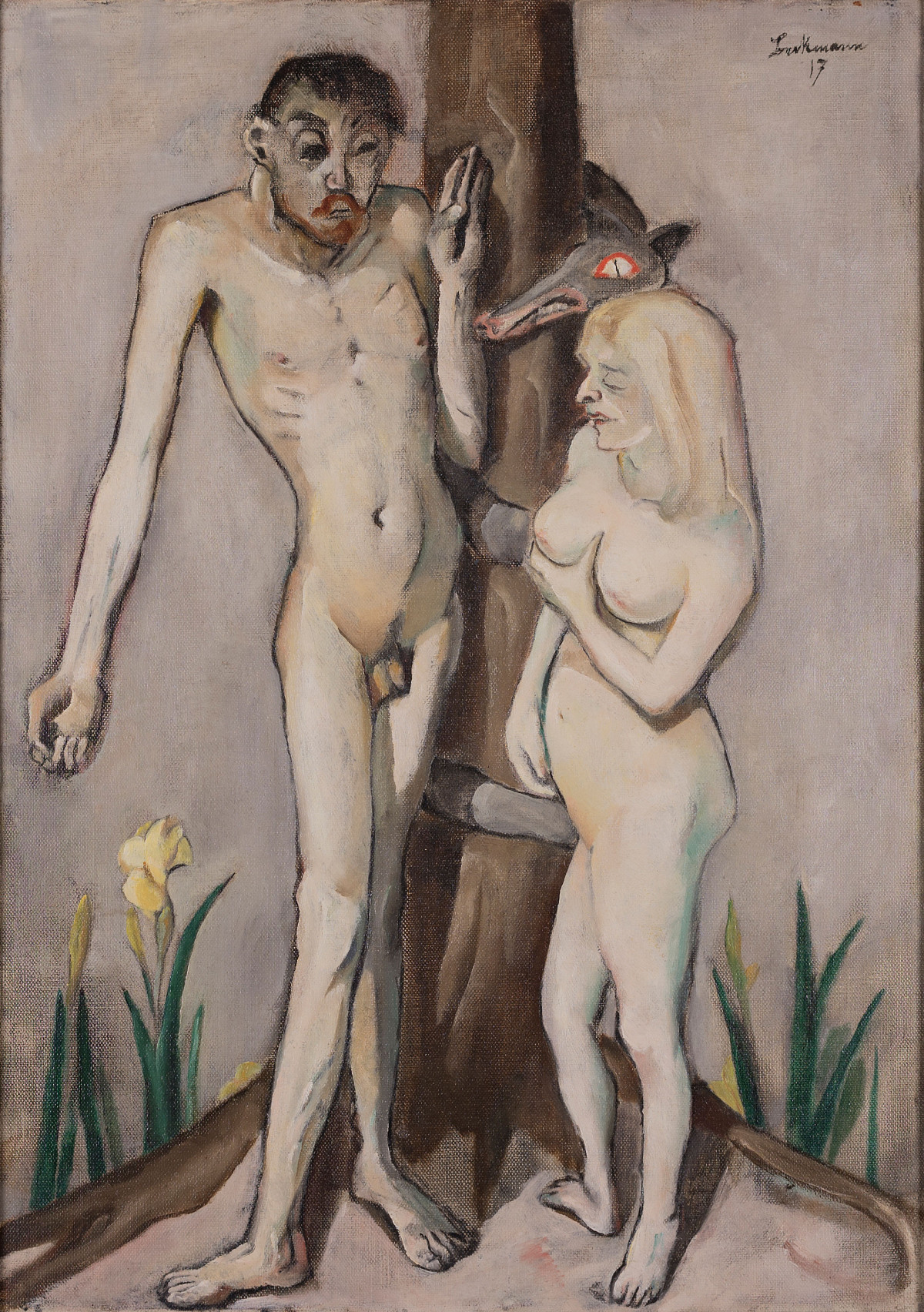 A man and a woman leaning naked against a tree. A snake-like creature with a pointed dog's head is writhing on the tree between the two people.