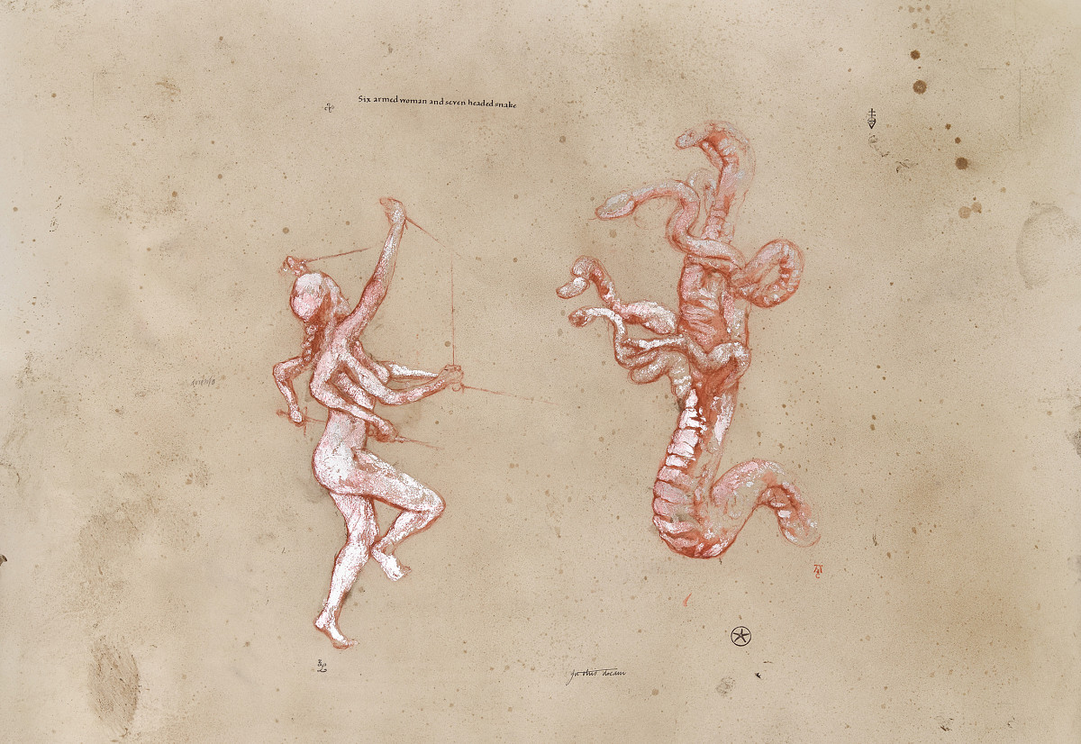 Rot-weiße Zeichnung der Göttin Kali wie sie das mehrköpfige Schlangenwesen Hydra mit Messern in ihren vier Armen und Händen angreift.