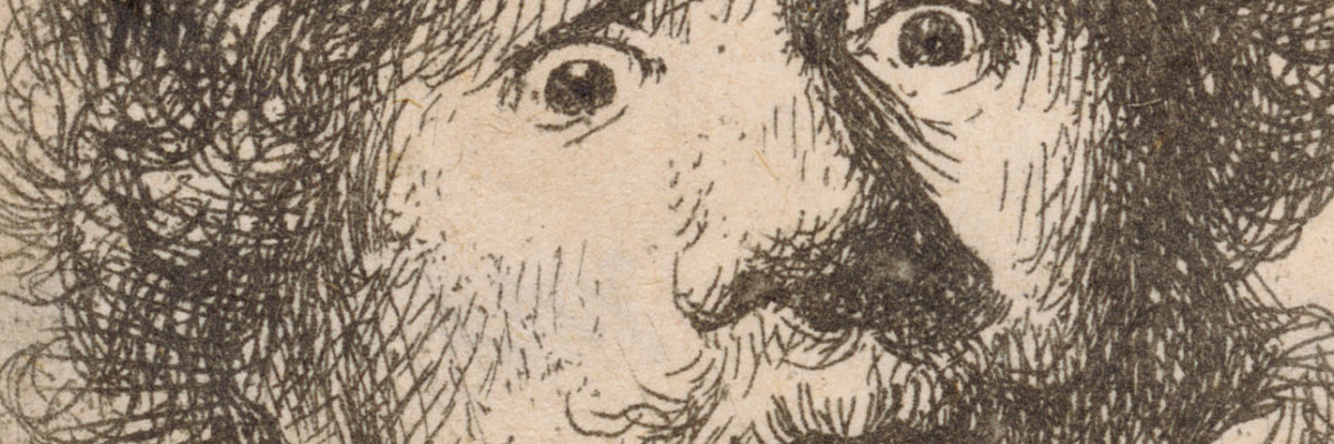 Drawing: A self-portrait of the artist with wide eyes and pursed lips. He is wearing a headdress under which curly hair and a moustache can be seen. He is looking out of the picture with his head turned to one side. Credit: Rembrandt Harmensz. van Rijn | Self-portrait with eyes wide open, 1630 | The ALBERTINA Museum, Vienna