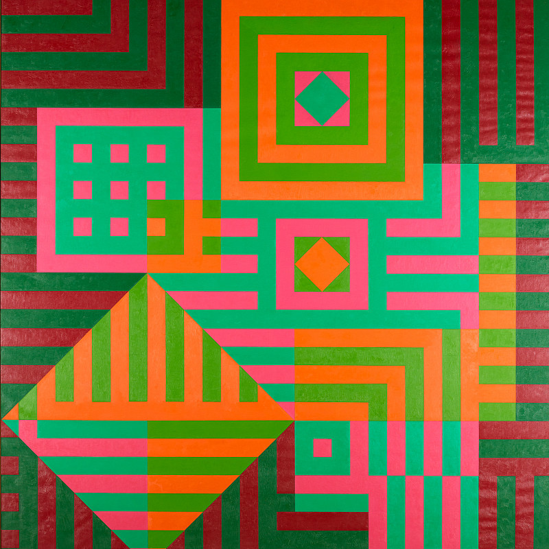 Anordnung geometrischer Muster und Linien in Grün-und Rottönen, welche teilweise Quadrate und andere Formen bildet. | Victor Vasarely | Kiu-Siu, 1963 | ALBERTINA, Wien – The ESSL Collection © Bildrecht, Wien 2025