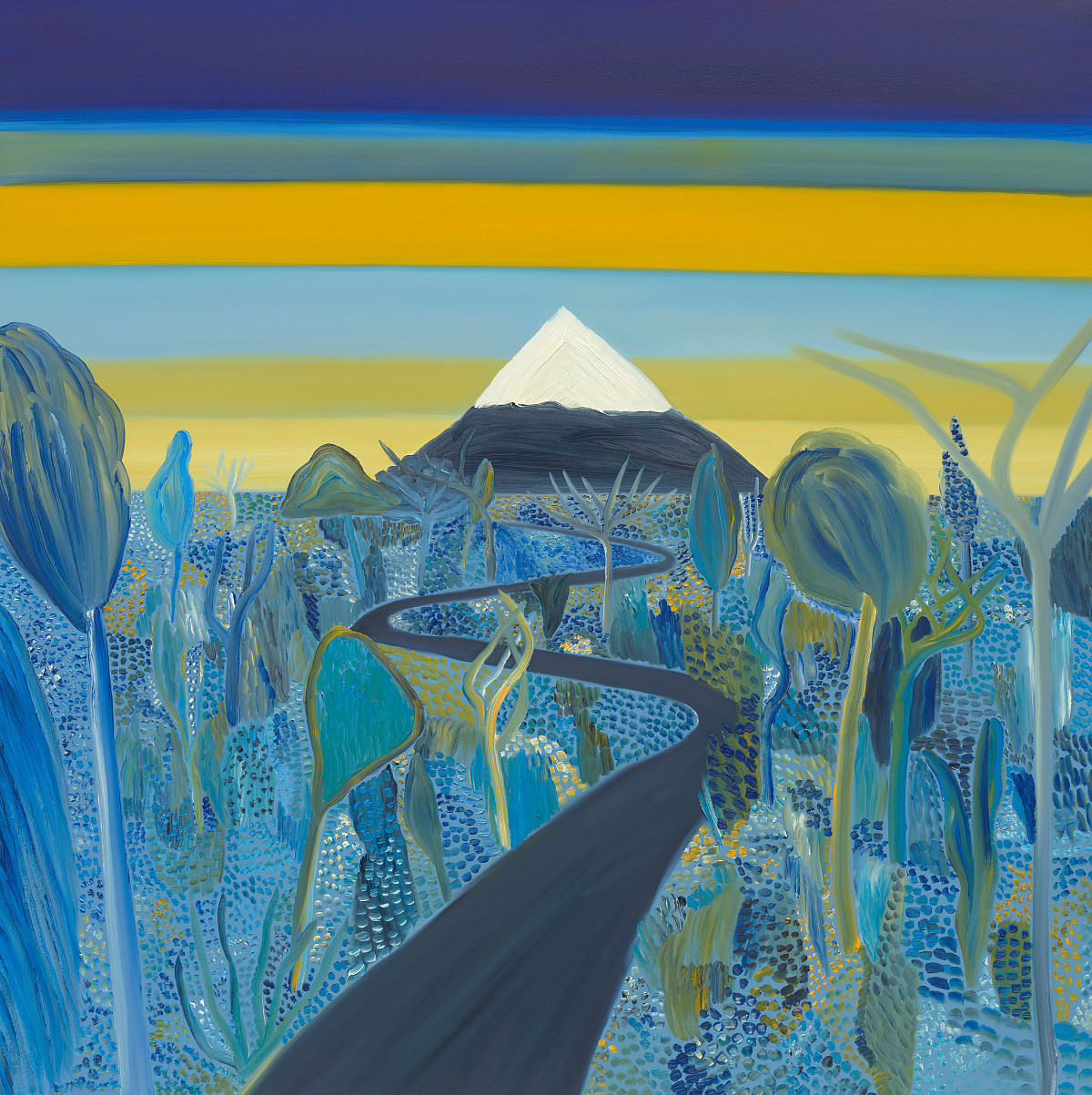 A winding road leads to a mountain. The mountain looks like a pyramid and the top is white. The road leads through blue-yellow vegetation with several trees. In the background you can see the horizon with color stripes in different shades of yellow and blue.