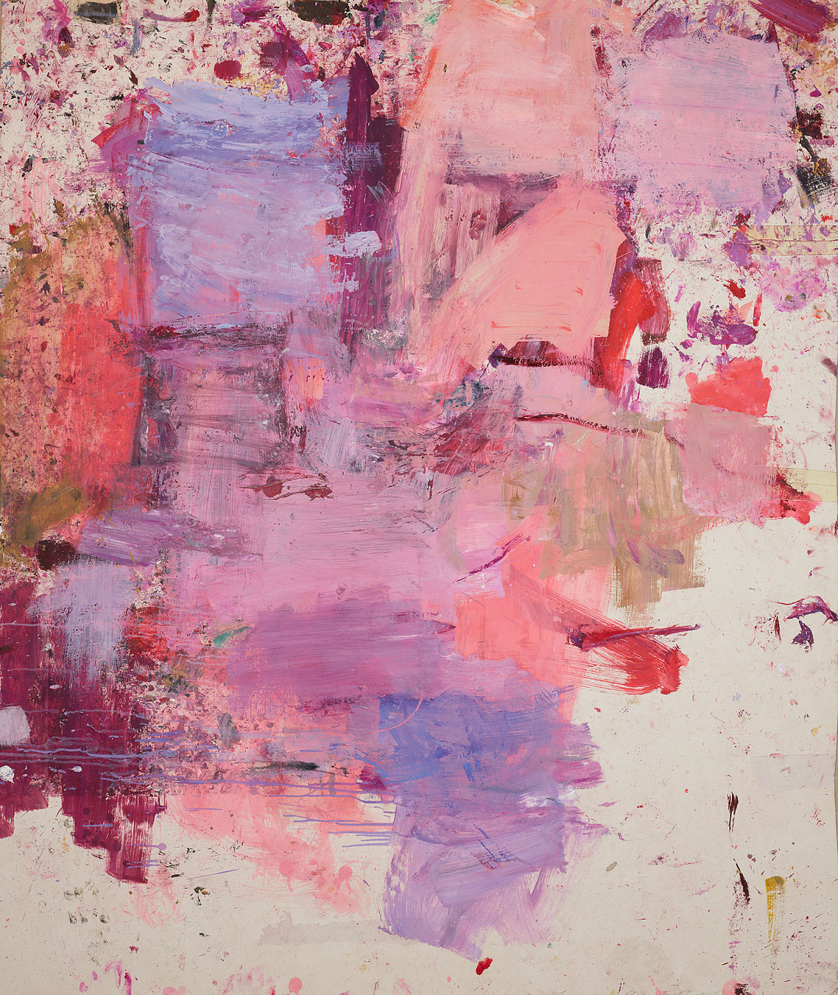 Mehrere Farbflächen nebeneinander in rosa, rot und lila Tönen.