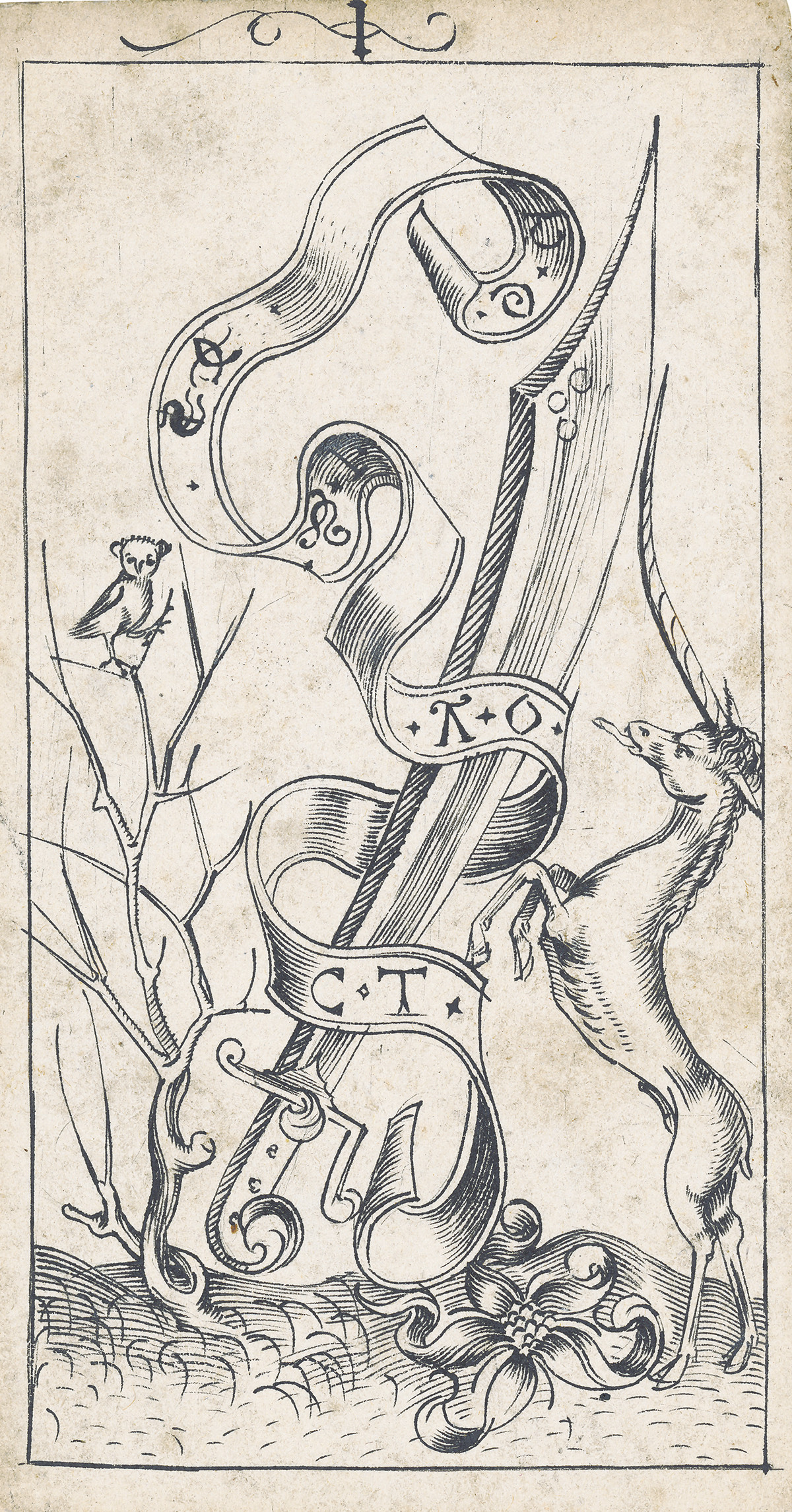 Eine Spielkarte eines Kartenspiels. Oben und unten befinden sich überkreuzte Schwerter. In der Mitte ist ein Ritter in Ritterrüstung zu erkennen. Er kämpft auf einem Pferd sitzend mit Schwert in die Höhe gerichtet gegen einen Drachen. Im Hintergrund ist eine Frau in einem Burgfrauenkleid zu erkennen.