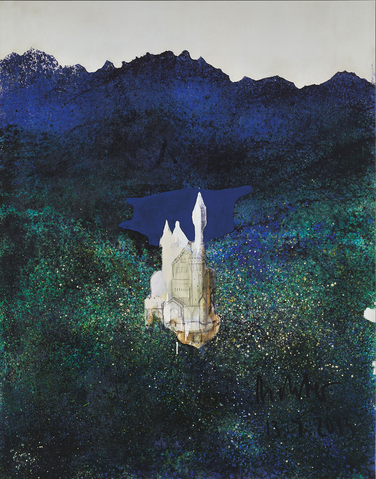 Neuschwanstein Castle drawn in the center, surrounded by a painted dark blue-green mountain landscape with a lake behind the castle.