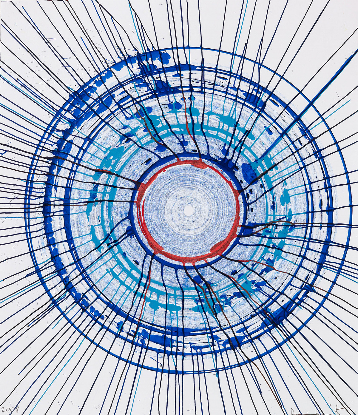 Kreisförmiges abstraktes Gemälde mit strahlenförmig verlaufenden Linien in Blau und Rot auf weißem Grund. |Damien Hirst | Beautiful Temporarily Lost At Sea Drawing, 2008| Photographed by Prudence Cuming Associates Ltd. © Damien Hirst and Science Ltd. All rights reserved / Bildrecht, Wien 2025