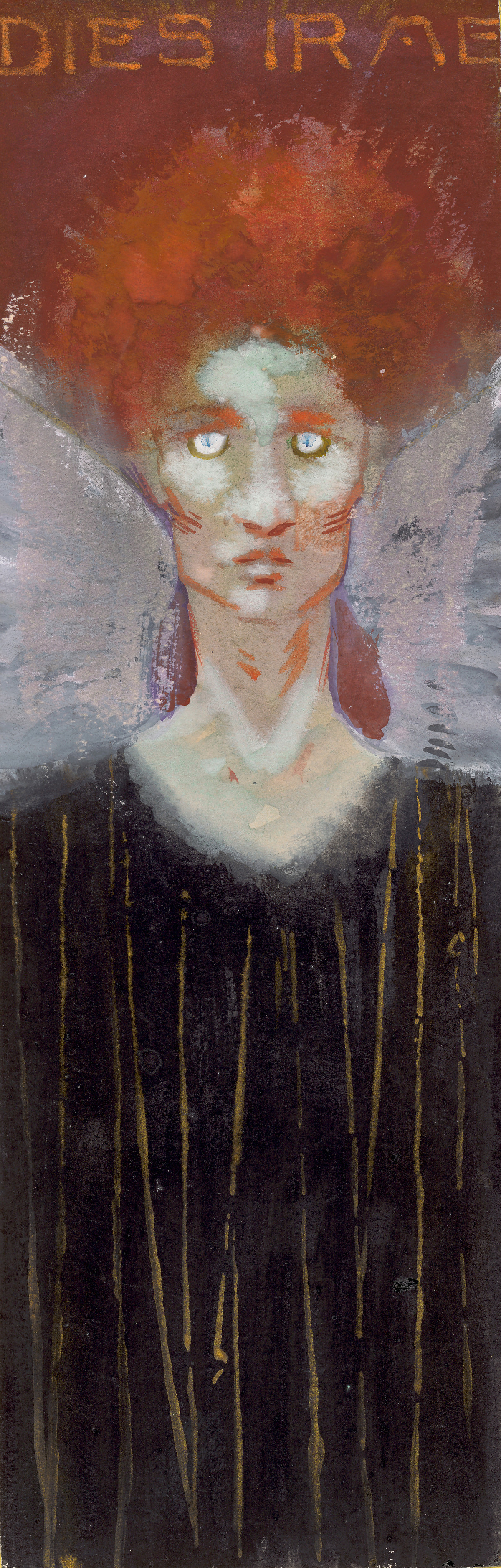 Ein Frauenporträt mit roten, abstehenden Haaren, weißen Augen und einem schwarzen Oberteil mit goldenen Streifen.