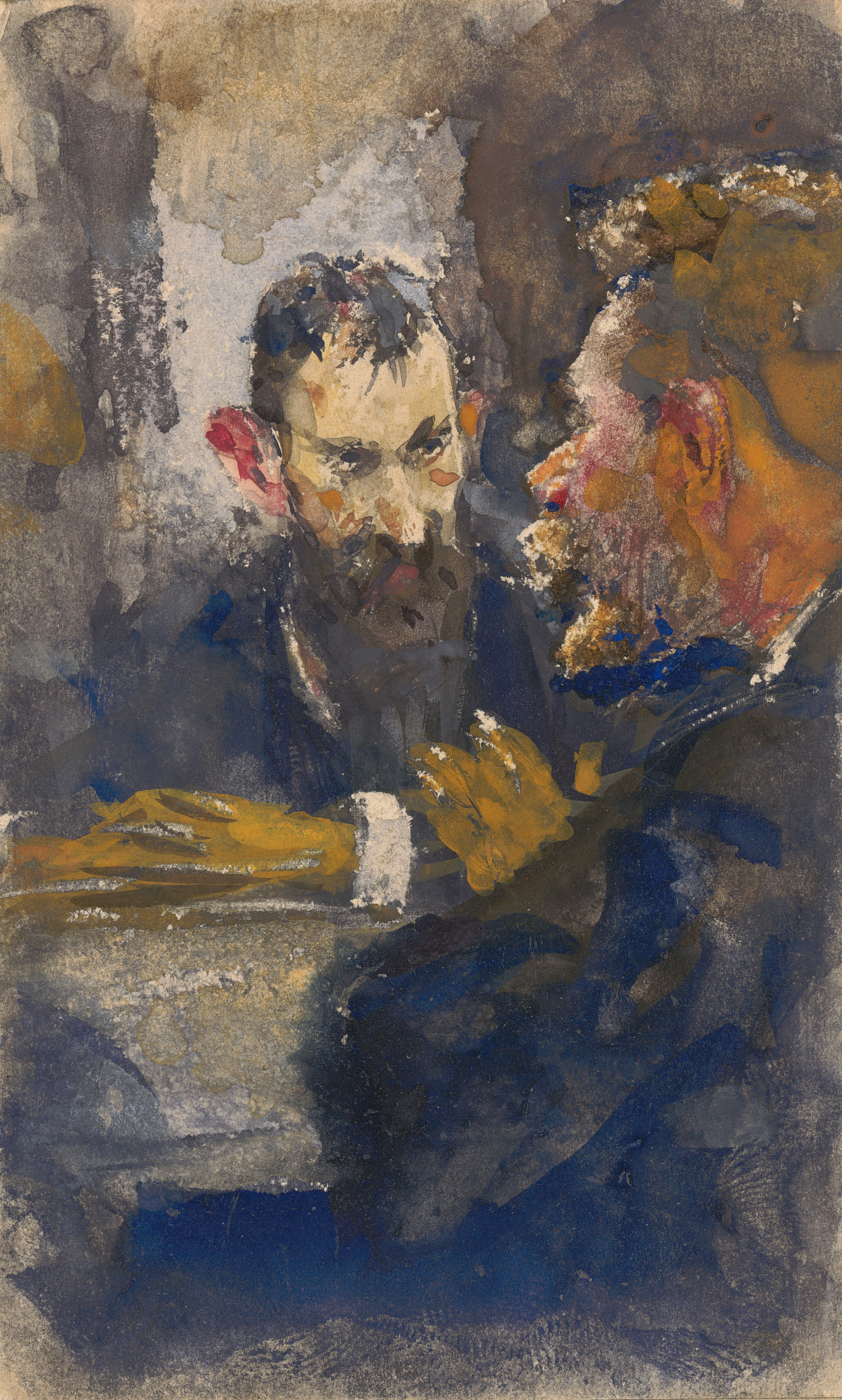 Zwei Männer, gegenüber voneinander sitzend im Gespräch. Man blickt einem der Männer über die Schultern.