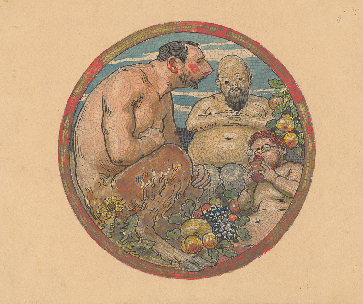 Drei Männer mit Tierbeinen. Zwischen ihnen ein Stapel an Obst.