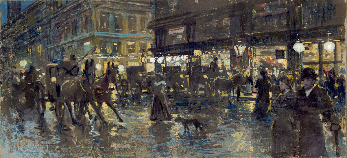 Belebte Straßenszene in Wien mit Spaziergänger*innen und Kutschen. Altbauten im Hintergrund (Aquarell).