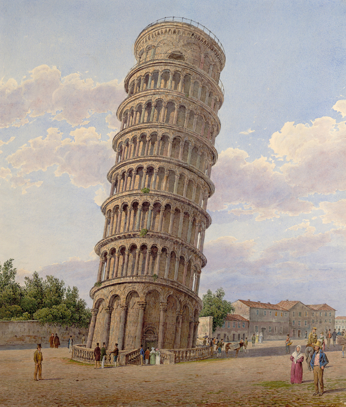 The Leaning Tower of Pisa in the center of the picture. Next to it and in front of it are several people. In the background a stone wall with treetops and then a row of houses. In the background, an evening sky with white and dark clouds.