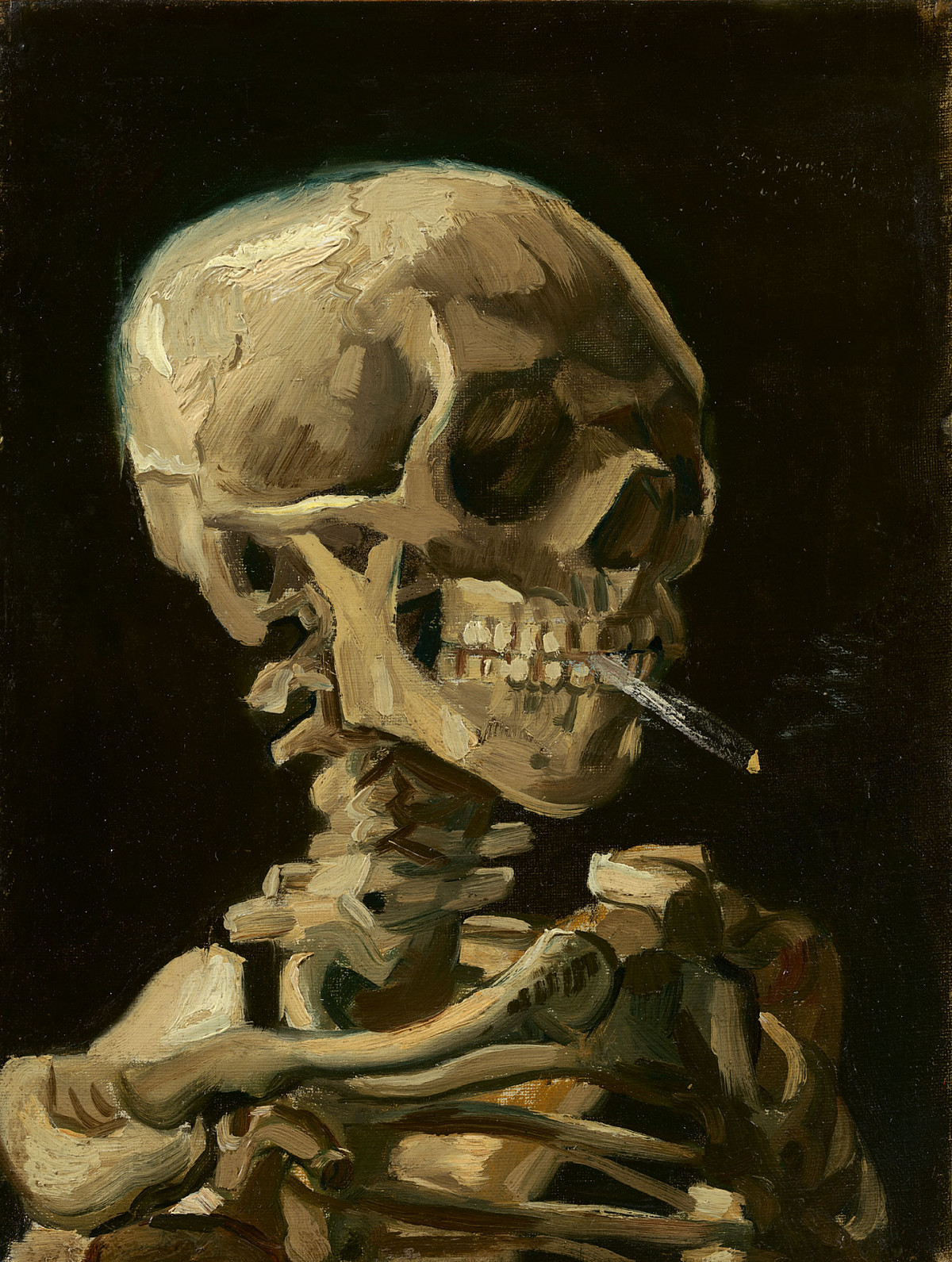 Painting of a skeleton holding a lit cigarette between its teeth and looking to the side.