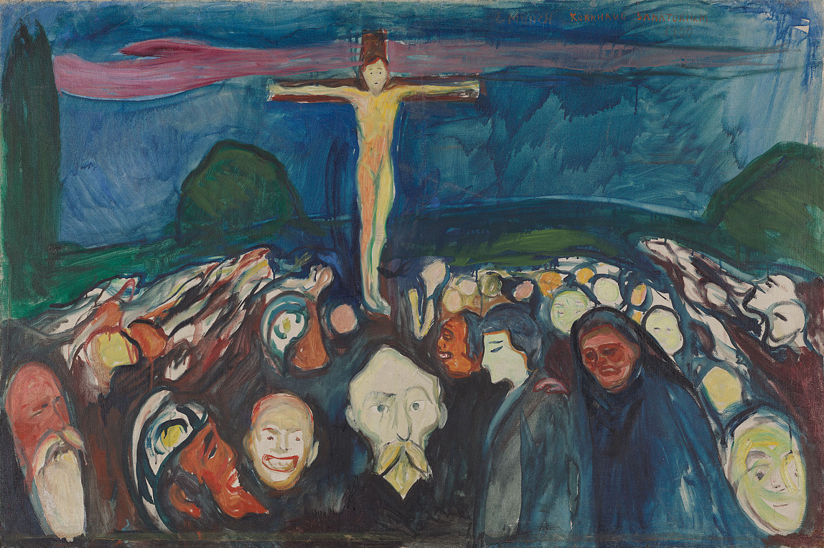 A colorful painting with Christ on the cross in the center of the picture. At the bottom of the picture are several figures in dark clothing, with a blue sky and landscape in the background.