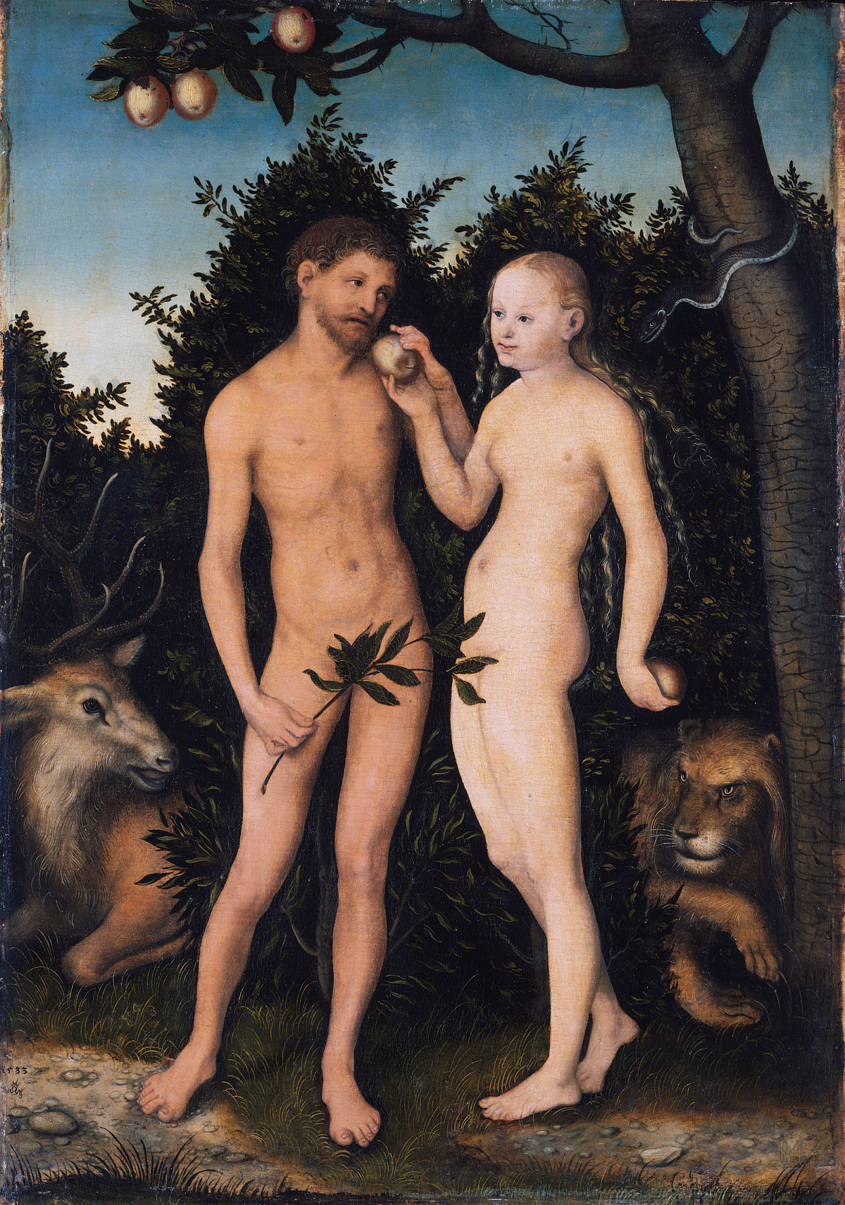 Adam and Eve stand naked in front of each other. Eve gives Adam an apple. To the right of the couple, a lion emerges from the bushes, and to the left, a deer lies on the ground.