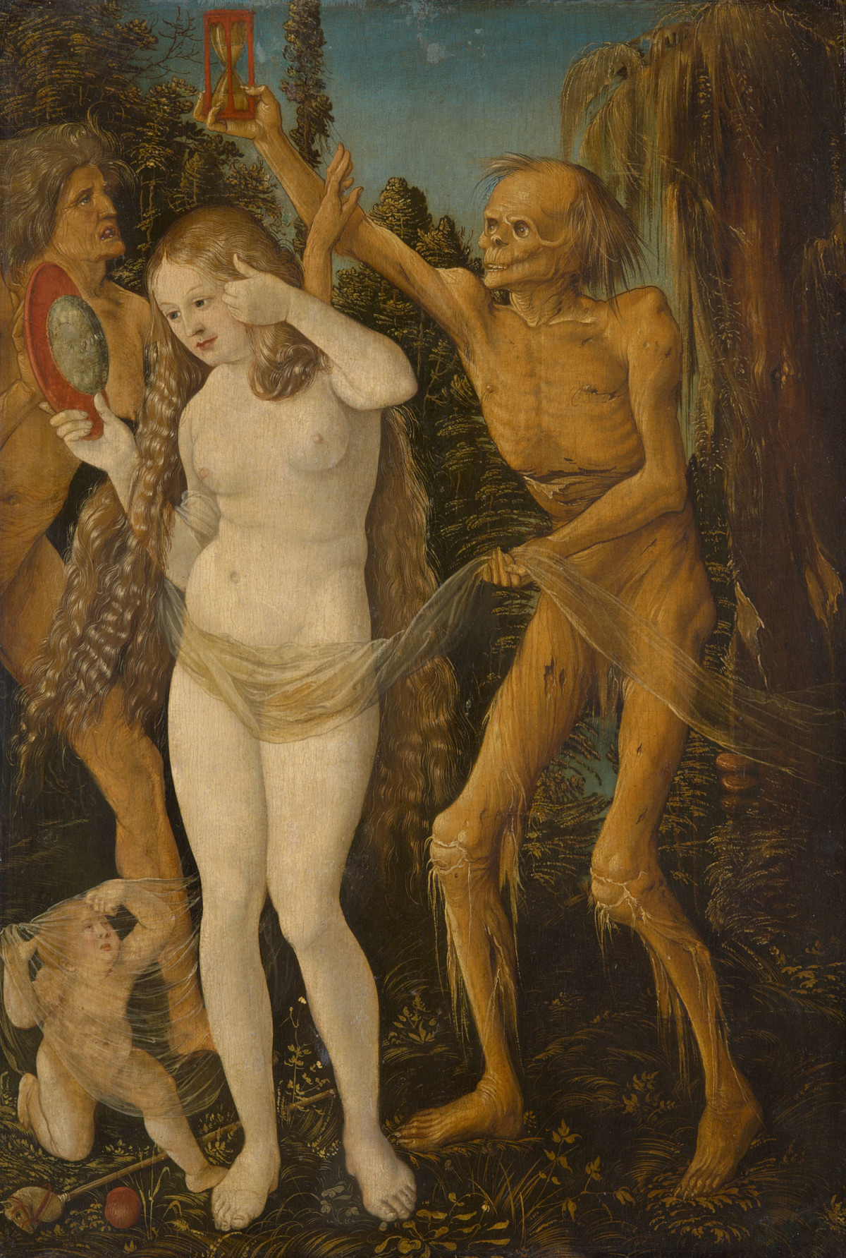 A naked young woman stands in the center of the painting. She holds a hand mirror in her right hand and looks at herself. Behind her stands the figure of a decaying man holding an hourglass over her head. To her left, a small child stands on the floor, and behind him an old woman, both looking at the figure behind the young woman.