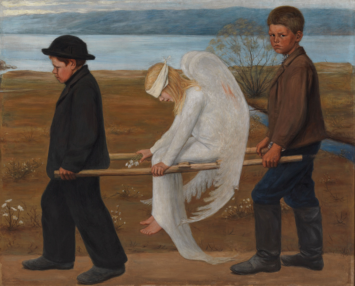 A blonde angel wearing a white robe and blindfold sits on a stretcher carried by two boys. One wing is wounded and bleeding. A meadow and a river can be seen in the background.