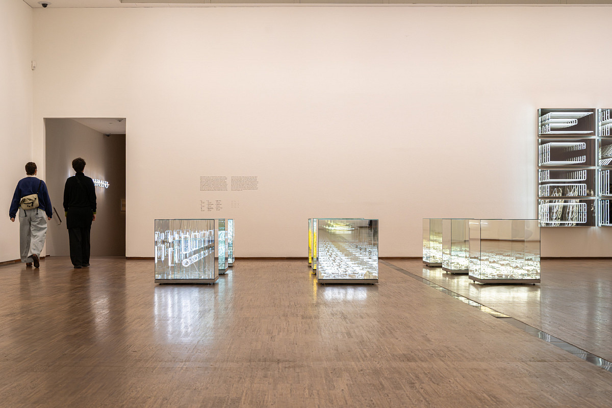 In the hall: several glass cubes lined up in a row. Bright neon tubes run through each cube, creating different patterns. Next to them, two people walk through a passageway into the next room.