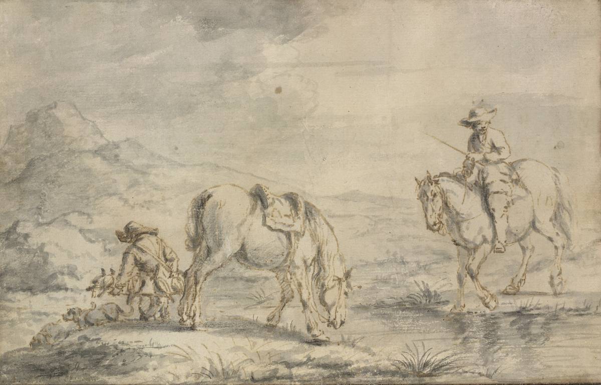 Accredited to Philips Wouwerman: Two Huntsmen and Their Horses near a River, mid-17th century