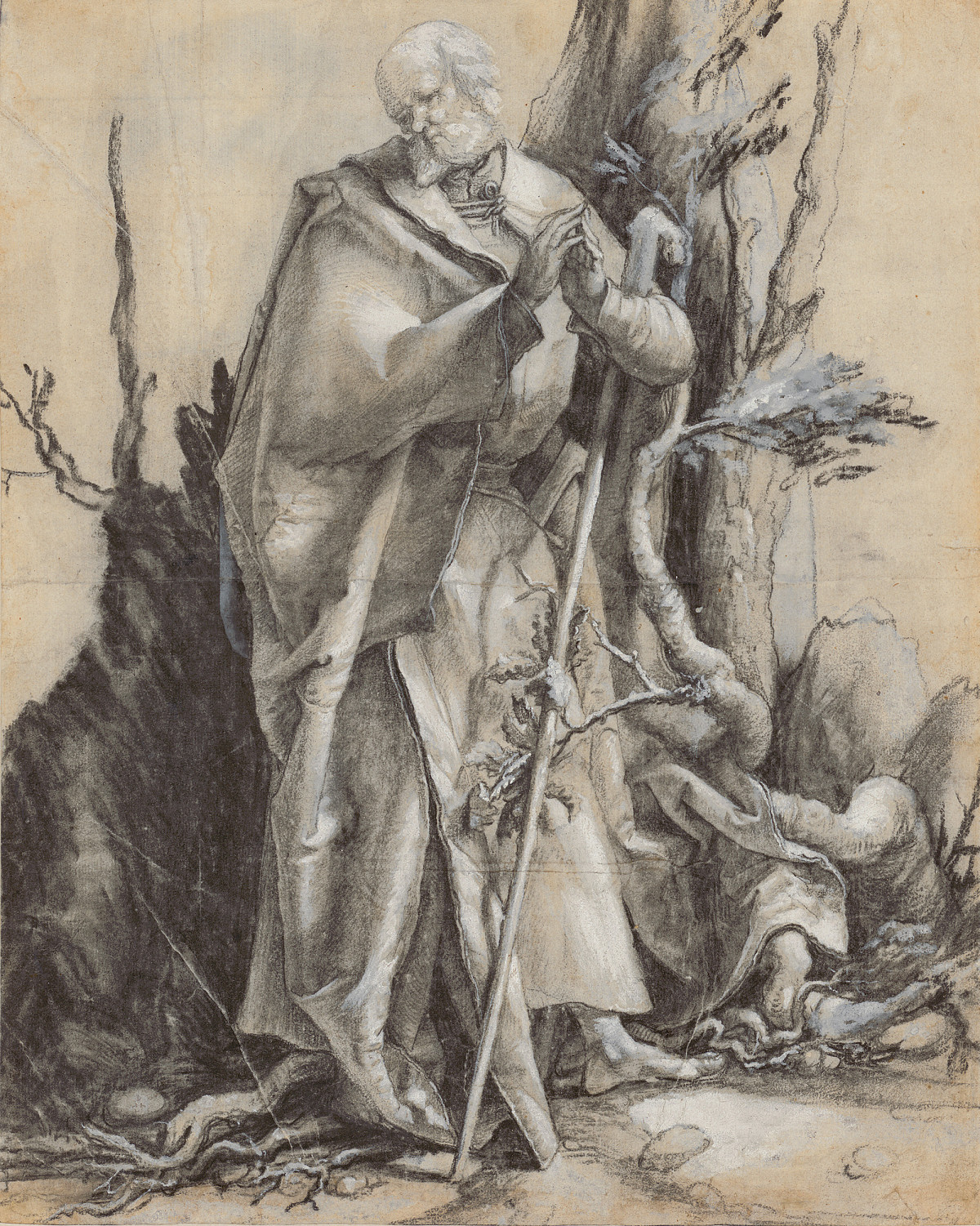An old man wearing a cloak, his head bowed toward the ground and his hands folded upward, a walking stick leaning in his elbow. The man is barefoot. In the background, a tree trunk, several branches with leaves, and roots on the ground.