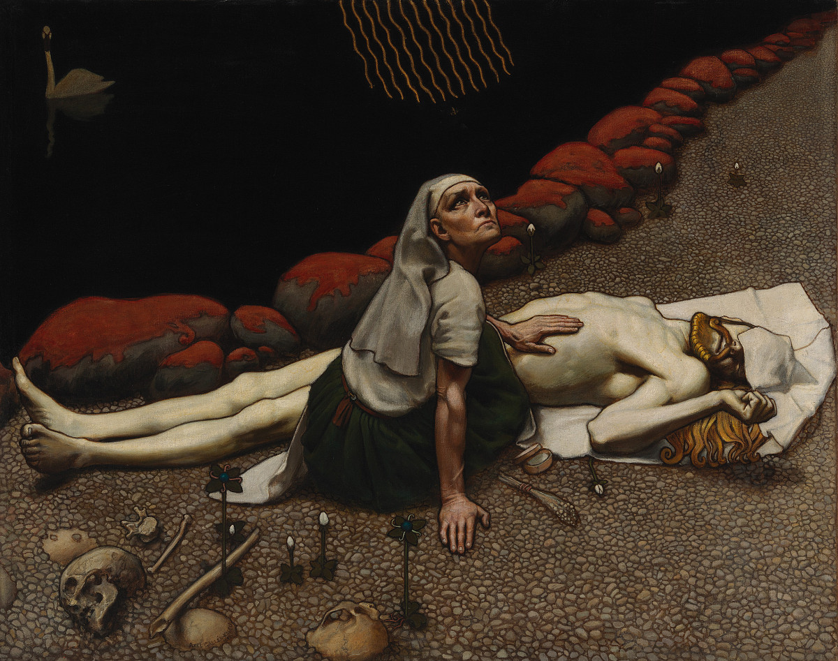 A woman in a short-sleeved dress and a headscarf, looking up, one hand resting on the ground, the other placed on the stomach of a male corpse. The dead man lies in front of her on the ground on a white cloth, has a beard and long hair. His eyes are covered by the white cloth. His legs and upper body are naked. In the background are stones with red coating, behind them dark water with a swan. The two people are on a stone floor. In front of the woman lies a skull and various artifacts.  Translated with DeepL.com (free version)