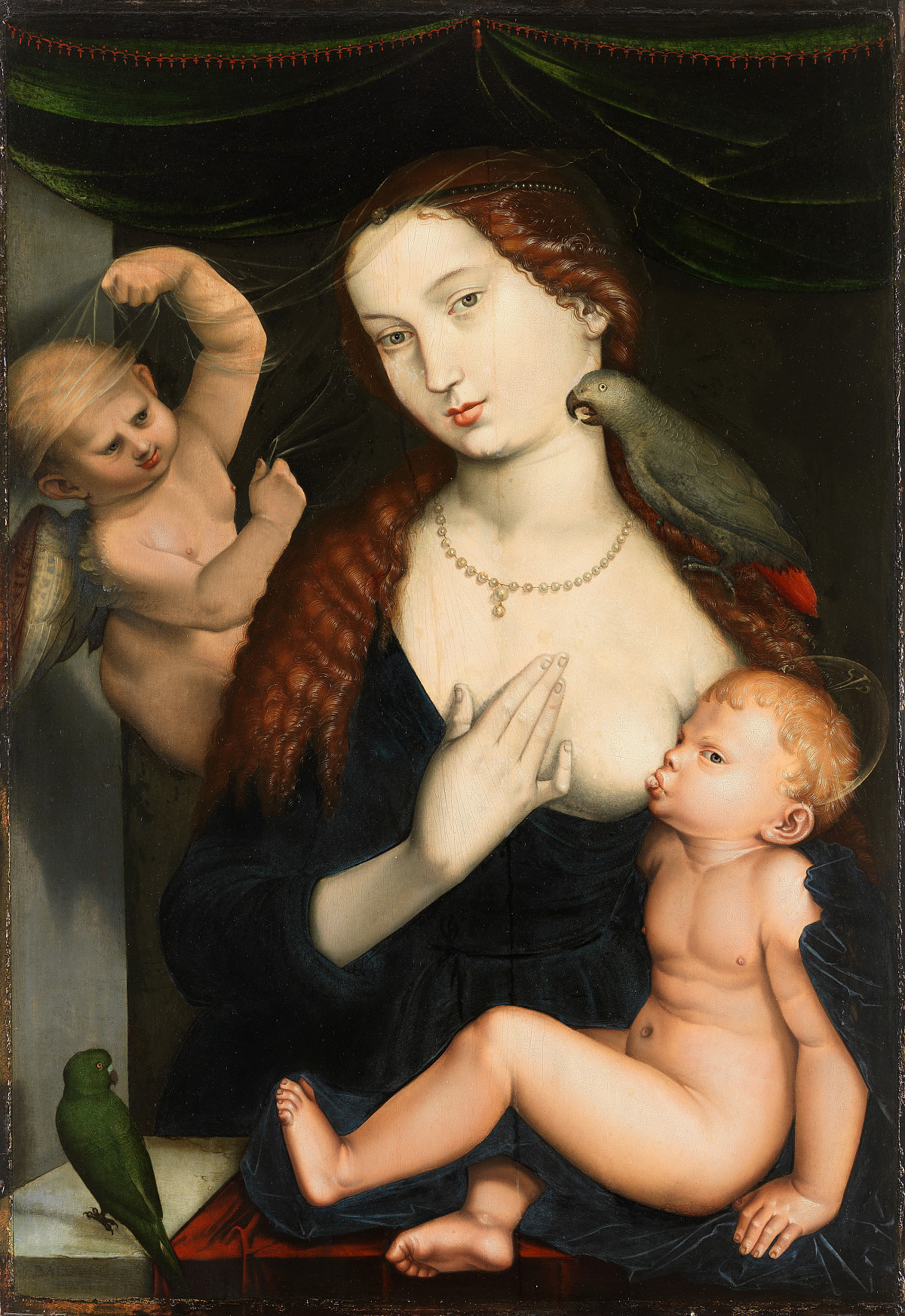 A woman in a blue dress looks out of the picture. A green parrot sits on her shoulder and in front of her. She has placed one hand on her cleavage and is breastfeeding a naked baby with a halo, who is also looking out of the picture. Behind her is a naked baby with angel wings, holding a transparent veil in its hands.